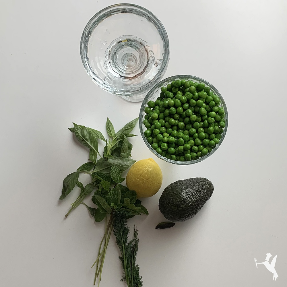 Raw vegan green pea soup ingredients by Producers Recipes