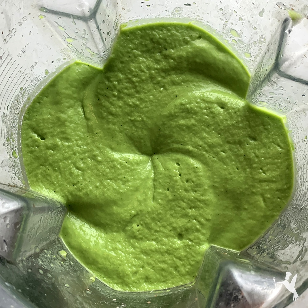 Raw vegan green pea soup process by Producers Recipes